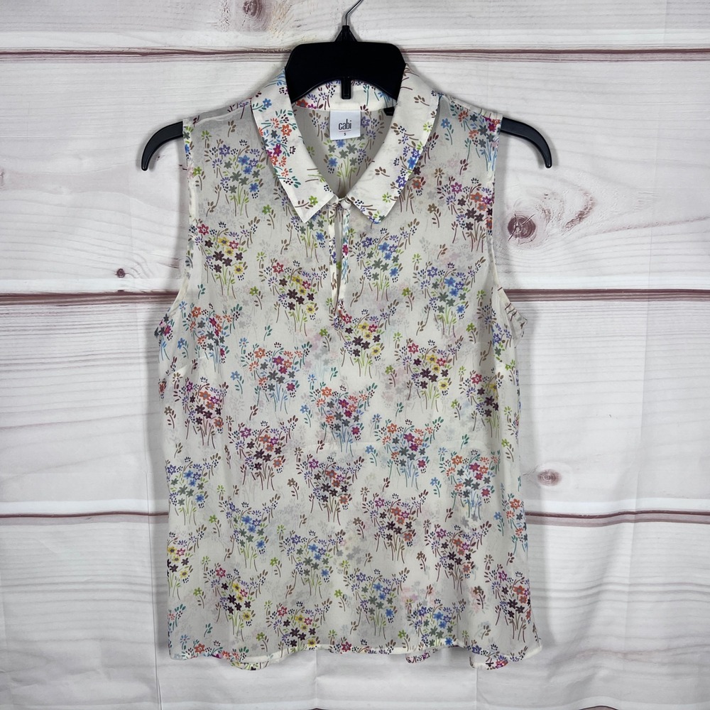 Cabi 5535 Blouse Women Small Ivory Floral Sleeveless Collared Keyhole Neck Top